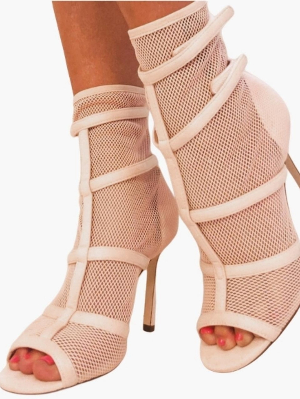 Pink Fishnet Mesh Strappy Open Toe Bootie Heels Size 7.5